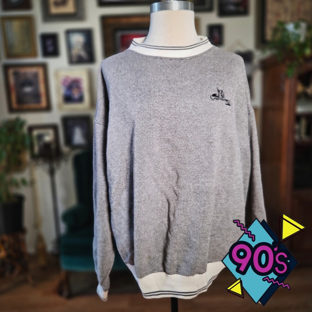 Tri-Mountain Pullover Sweater Vintage 90s XL Mens Grey Houndstooth Knit Crewneck